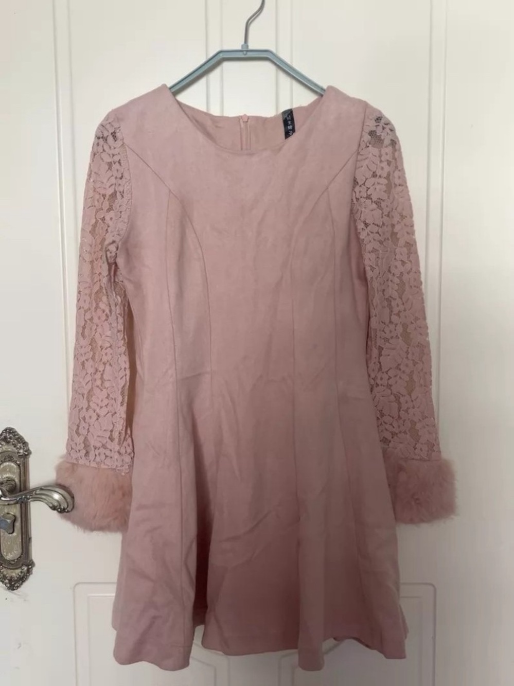 Girls Pink Lace Sleeve Dress with Faux Fur Cuffs